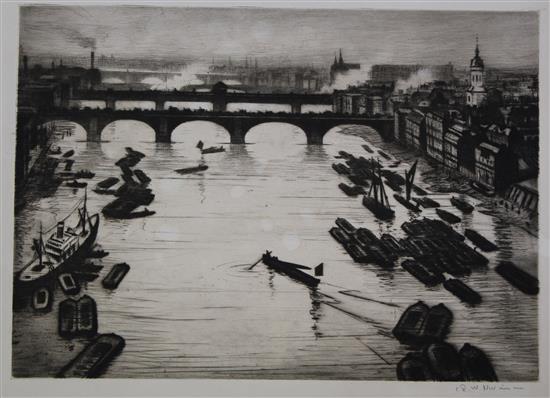 Christopher Richard Wynne Nevinson (1889-1946) London bridges on the Thames, 13.25 x 17.5in.